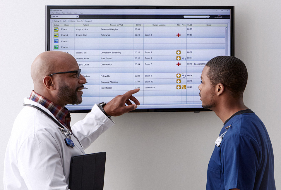 Doctor and nurse viewing RTLS diagram on wall-mounted screen