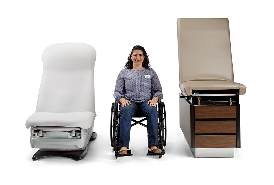 Comparison of two exam chairs of varying heights, a patient in a wheelchair between them