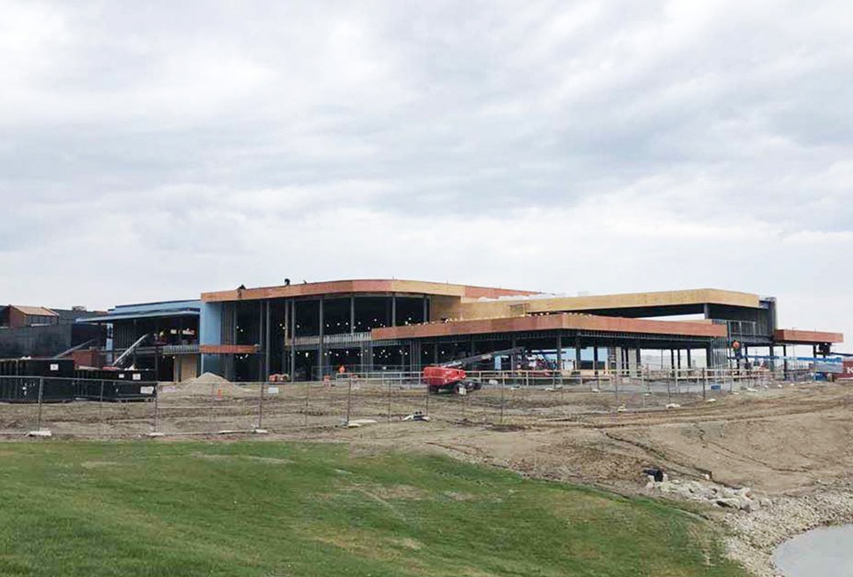 Exterior view of a tech center under construction