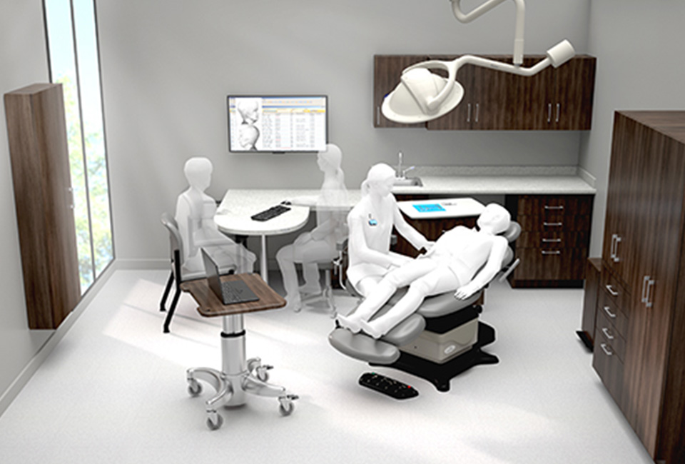 Rendering of an examination room with sample subjects in an exam chair, and reviewing information on a screen