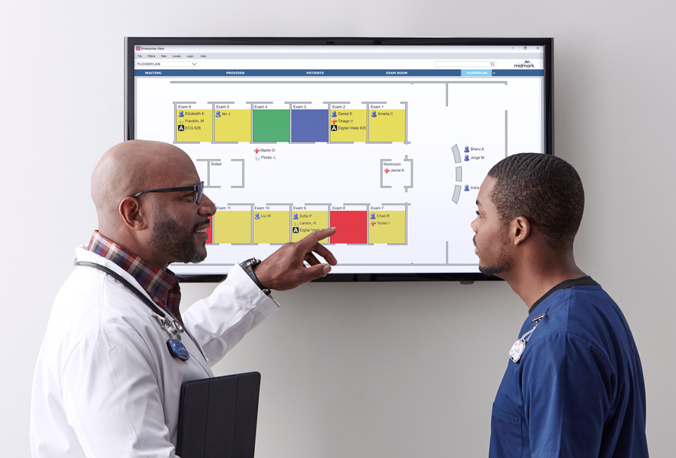 Doctor and medical staff reviewing a hospital floorplan