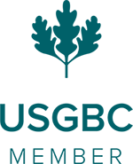 The official teal logo for a U.S. Green Building Council member, featuring a stylized oak leaf icon above the text USGBC MEMBER.